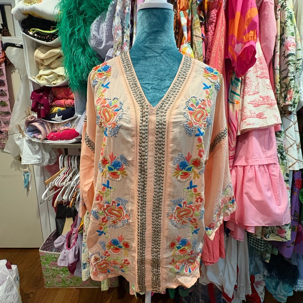 Soft Surroundings Orange Pink Graphic 3/4 Sleeve Blouse